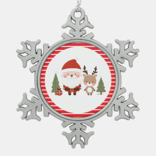 Cute Christmas Santa & Reindeer  Snowflake Pewter Christmas Ornament