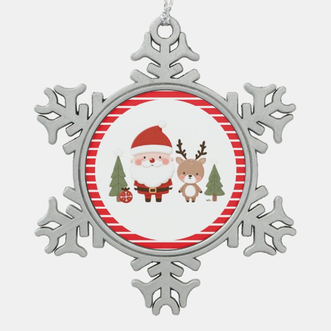 Cute Christmas Santa & Reindeer  Snowflake Pewter Christmas Ornament (Front)