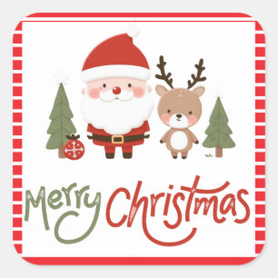 Cute Christmas Santa & Reindeer  Square Sticker