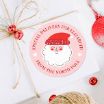 Cute Christmas Santa Special Delivery North Pole Classic Round Sticker<br><div class="desc">A cute Christmas sticker with a Santa Claus face and the words,  special delivery from the north pole. A cute holiday sticker for your Christmas presents from Santa. Designed for you by Blackberry Boulevard.</div>