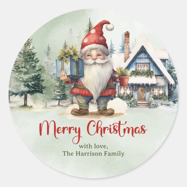 Cute Christmas Scandinavian gnome with gifts Classic Round Sticker (Front)