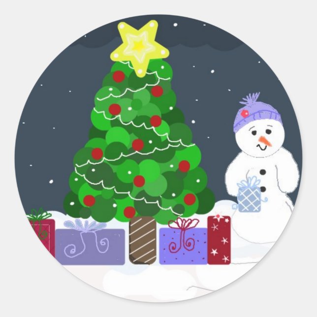 Cute Christmas Scene Classic Round Sticker (Front)