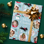 Cute Christmas Scottie Dog Blue Editable Photo Wrapping Paper<br><div class="desc">Add a little whimsical charm to the holiday season with this cute Christmas gift wrap! An editable template, personalized with a name and four photos of your family, friends or pets. This seamless pattern features original artwork of a Scottie dog wearing a red bow, as he dashes along in the...</div>