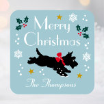 Cute Christmas Scottie Dog Editable Blue Square Sticker<br><div class="desc">Add a little whimsical charm to the holiday season with these cute stickers. This festive design features a Scottie dog wearing a red bow, surrounded by snowflakes, holly and stars. An editable template, personalized with your name, perfect for Christmas gift wrap, envelope seals, party favours and more. Colours: blue, black,...</div>