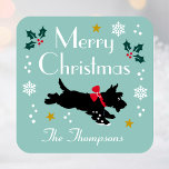 Cute Christmas Scottie Dog Editable Teal Square Sticker<br><div class="desc">Add a little whimsical charm to the holiday season with these cute stickers. This festive design features a Scottie dog wearing a red bow, surrounded by snowflakes, holly and stars. An editable template, personalized with your name, perfect for Christmas gift wrap, envelope seals, party favours and more. Colours: blue-green, teal,...</div>