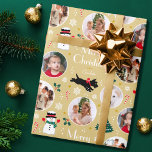 Cute Christmas Scottie Dog Gold Editable Photo Wrapping Paper<br><div class="desc">Add a little whimsical charm to the holiday season with this cute Christmas gift wrap! An editable template, personalized with a name and four photos of your family, friends or pets. This seamless pattern features original artwork of a Scottie dog wearing a red bow, as he dashes along in the...</div>