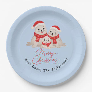 Cute Christmas Seals Winter Family Holiday Custom Paper Plate