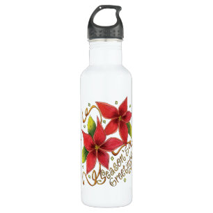 Cute Christmas Season's Greetings with Poinsettias 710 Ml Water Bottle