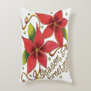 Cute Christmas Season's Greetings with Poinsettias Accent Pillow