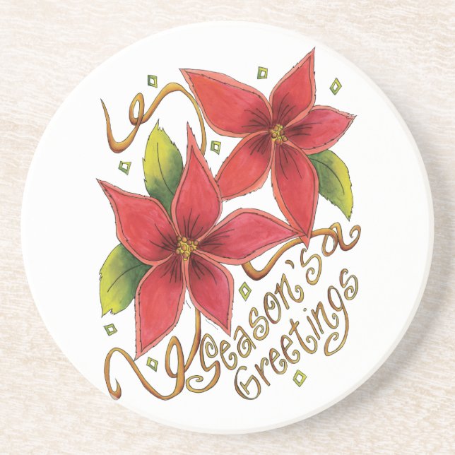 Cute Christmas Season's Greetings with Poinsettias Coaster (Front)