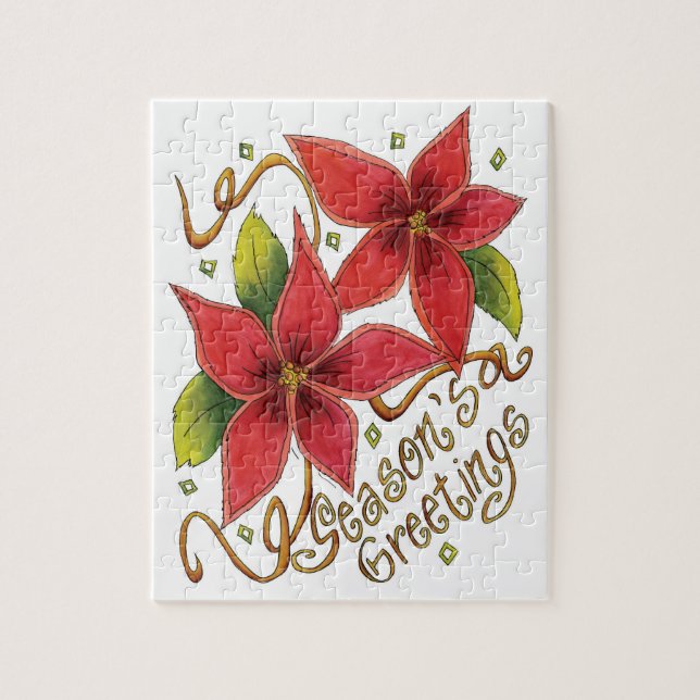 Cute Christmas Season's Greetings with Poinsettias Jigsaw Puzzle (Vertical)