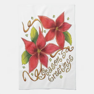 Cute Christmas Season's Greetings with Poinsettias Kitchen Towel