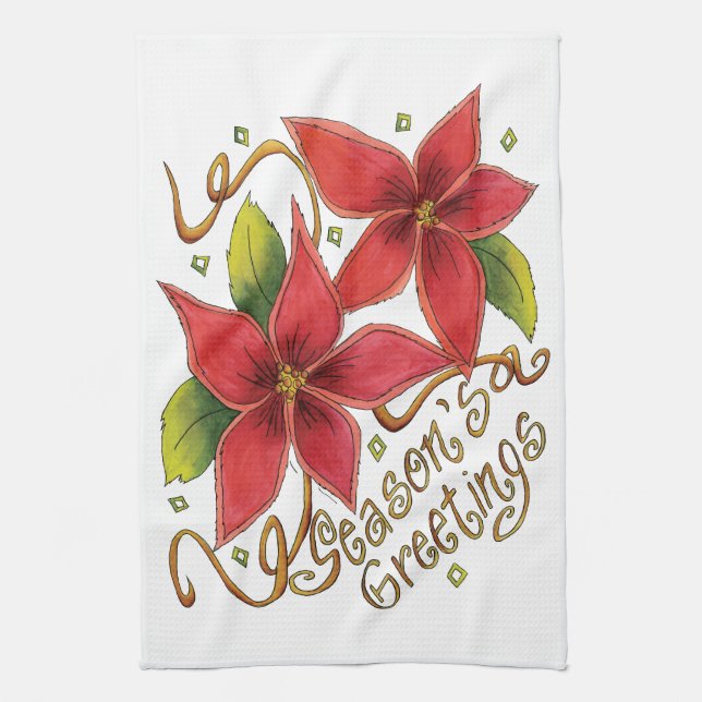 Cute Christmas Season's Greetings with Poinsettias Kitchen Towel (Vertical)