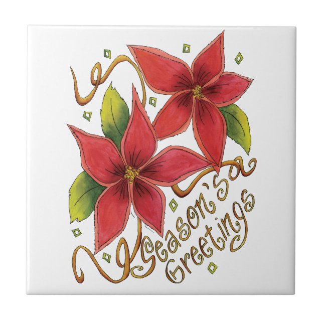 Cute Christmas Season's Greetings with Poinsettias Tile (Front)