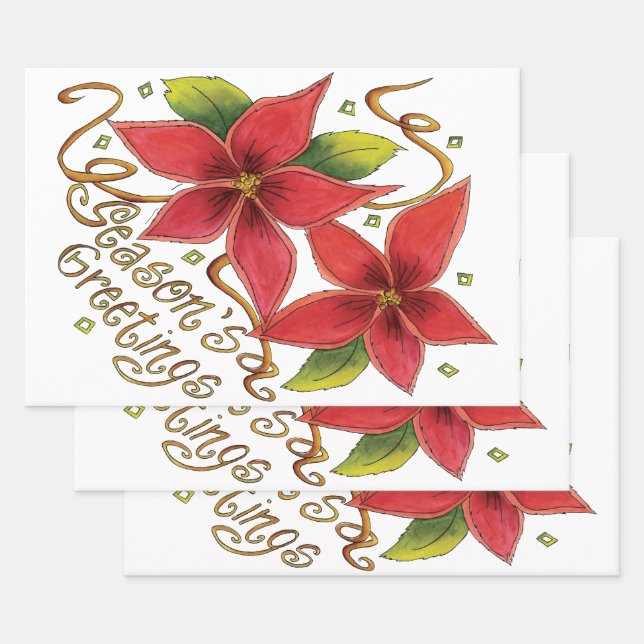 Cute Christmas Season's Greetings with Poinsettias Wrapping Paper Sheet (Set)