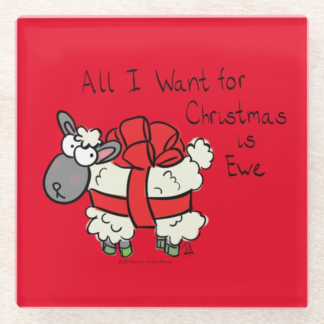 Cute Christmas Sheep Cartoon Glass Coaster (Front)