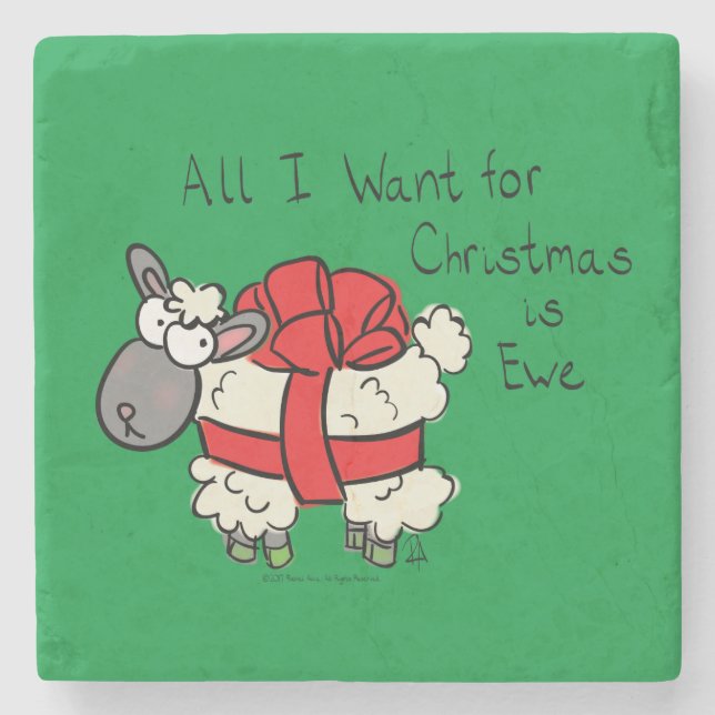 Cute Christmas Sheep Cartoon Stone Coaster (Front)