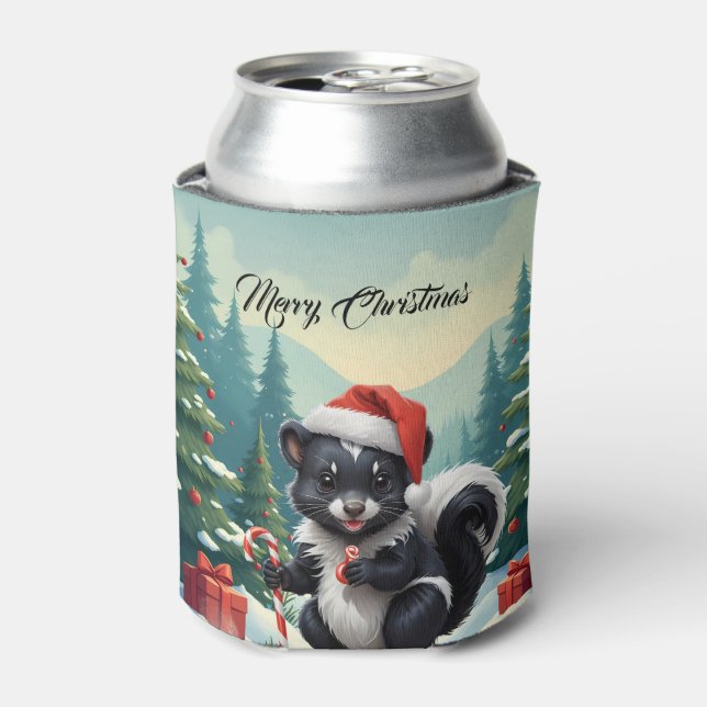 Cute Christmas Skunk Cartoon Can Cooler (Can Front)
