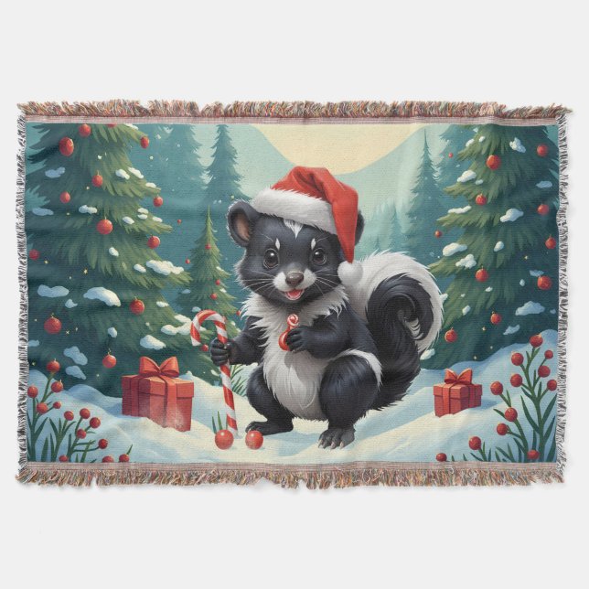 Cute Christmas Skunk Cartoon Throw Blanket (Front)