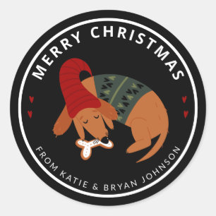 Cute Christmas Sleeping Dog Customizable Classic Round Sticker