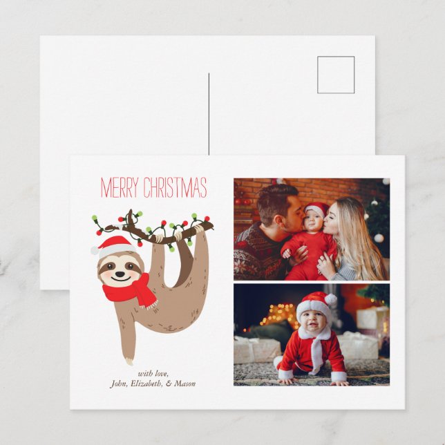 Cute Christmas Sloth 2 Photo Collage Holiday Postcard (Front/Back)