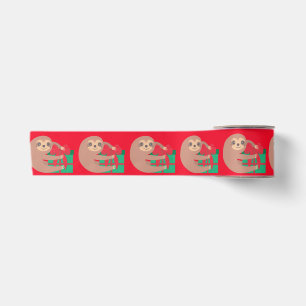 Cute Christmas Sloth Red Satin Ribbon