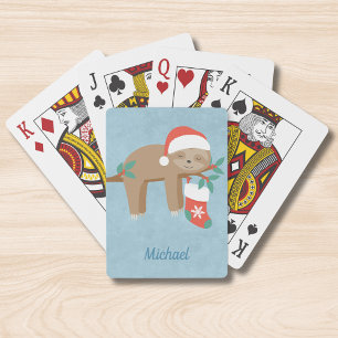Cute Christmas Sloth Santa Hat Personalized Name Playing Cards