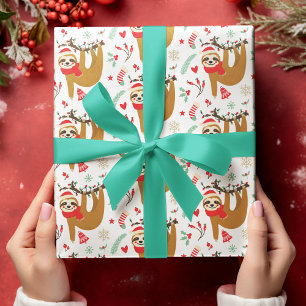 Cute Christmas Sloths in Santa Hats Red and Green Wrapping Paper
