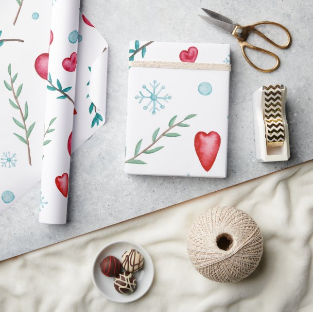 Cute Christmas Snowflakes and Red Hearts Wrapping Paper (Crafts)