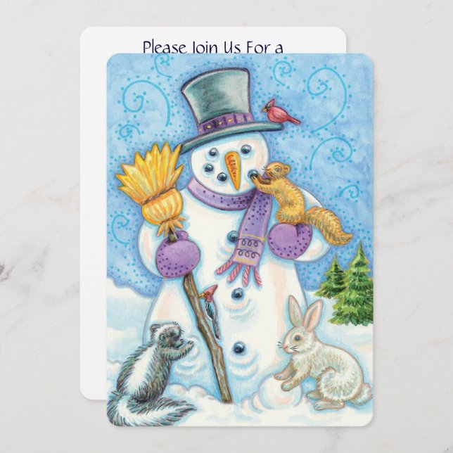 Cute Christmas Snowman and Animals Invitation (Front/Back)