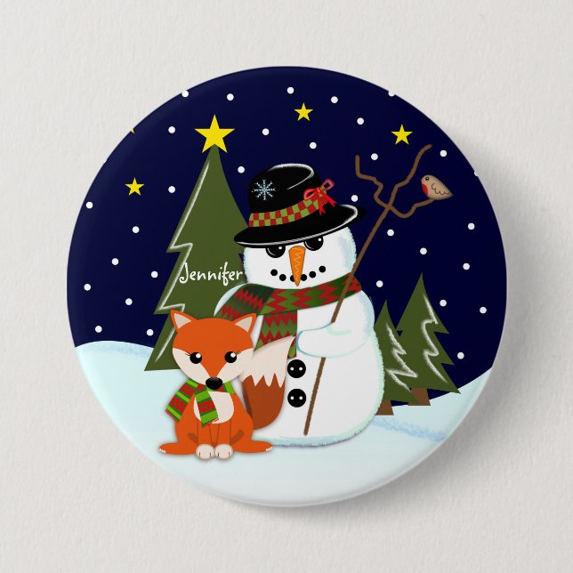 Cute Christmas Snowman and Fox and Custom name 3 Inch Round Button (Front)