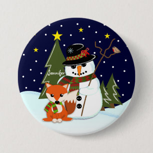 Cute Christmas Snowman and Fox and Custom name 3 Inch Round Button