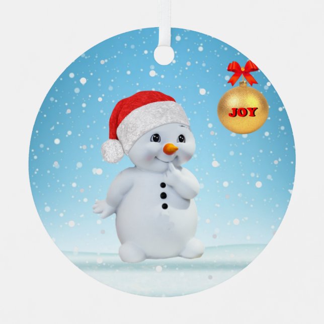 Cute Christmas Snowman and snowflakes Metal Ornament (Front)