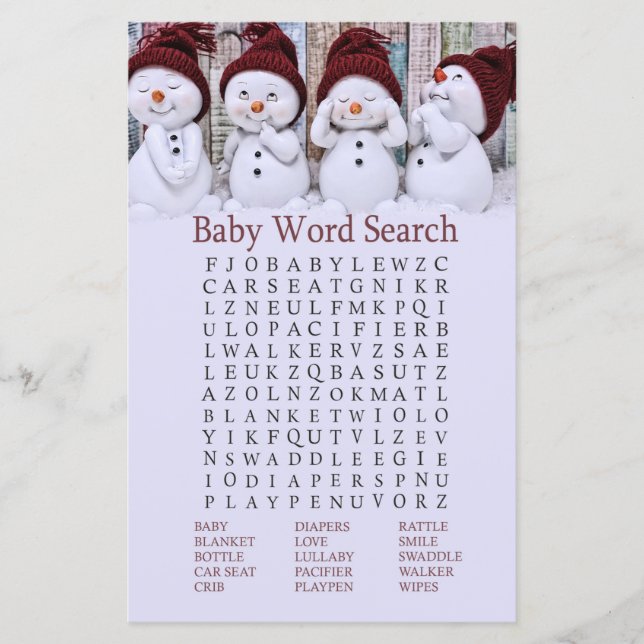 Cute Christmas Snowman Baby Shower Word Search (Front)