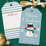 Cute Christmas Snowman Blue Editable Name Gift Tags<br><div class="desc">Add a little whimsical charm to the holiday season with these fun personalized gift tags. A Merry Christmas design with snowflakes and stars, and a happy snowman wearing a hat, scarf and mittens. This editable template includes your name on the front, and a place for the recipient's name on the...</div>