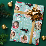 Cute Christmas Snowman Dog Custom Photo Blue Green Wrapping Paper<br><div class="desc">Add a little whimsical charm to the holiday season with this cute Christmas gift wrap! You can add a name and four photos of your family, friends or pets! This seamless pattern features original artwork with a happy snowman wearing a hat, scarf and mittens, a festive Scottie dog with a...</div>