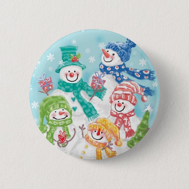 Cute Christmas Snowman Family in the Snow 2 Inch Round Button (Front)