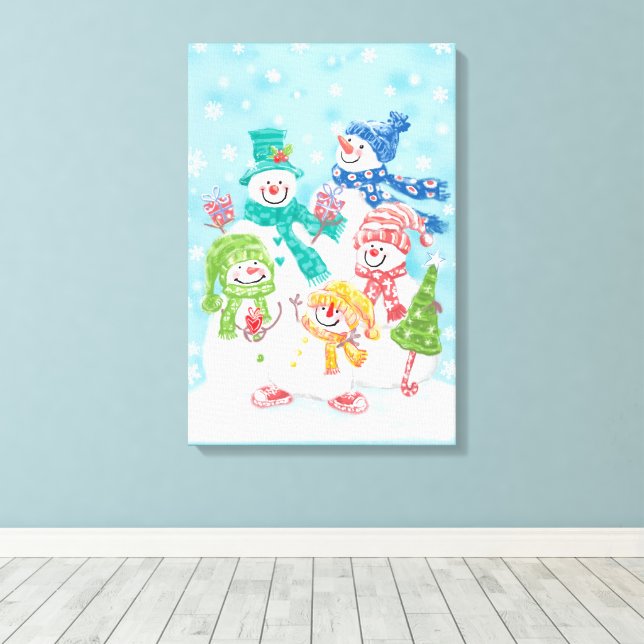 Cute Christmas Snowman Family in the Snow Canvas Print (Insitu(Wood Floor))