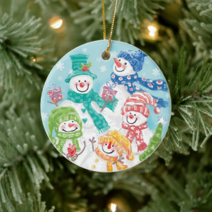 Cute Christmas Snowman Family in the Snow Ceramic Ornament
