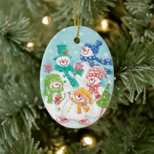 Cute Christmas Snowman Family in the Snow Ceramic Ornament