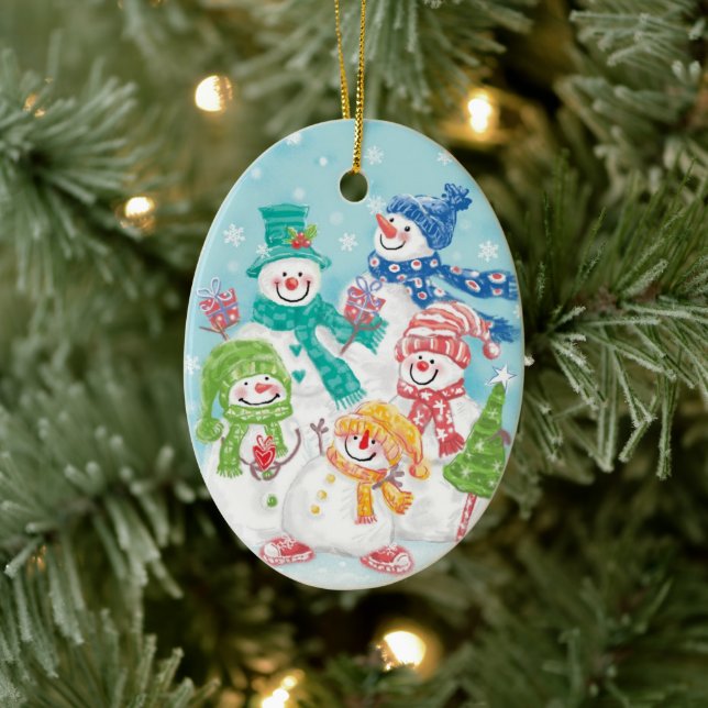 Cute Christmas Snowman Family in the Snow Ceramic Ornament (Tree)