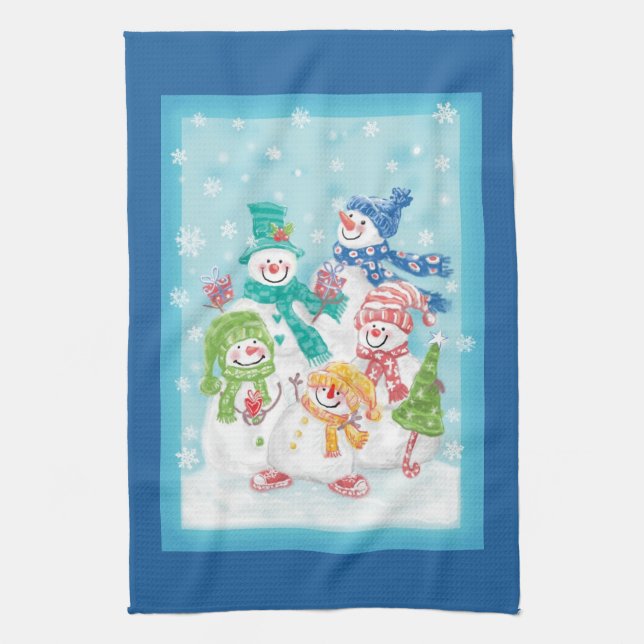 Cute Christmas Snowman Family in the Snow Kitchen Towel (Vertical)