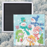Cute Christmas Snowman Family in the Snow Magnet<br><div class="desc">Vintage illustration Merry Christmas holiday design featuring an adorable cartoon happy snowman family with mom, dad and the snow children. Everyone is smiling and wearing a scarf and holding Christmas presents and a Christmas tree. It is snowing with large snowflakes falling. Their scarves and hats are all different colours, red,...</div>