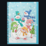 Cute Christmas Snowman Family in the Snow Notebook<br><div class="desc">Vintage illustration Merry Christmas holiday design featuring an adorable cartoon happy snowman family with mom, dad and the snow children. Everyone is smiling and wearing a scarf and holding Christmas presents and a Christmas tree. It is snowing with large snowflakes falling. Their scarves and hats are all different colours, red,...</div>