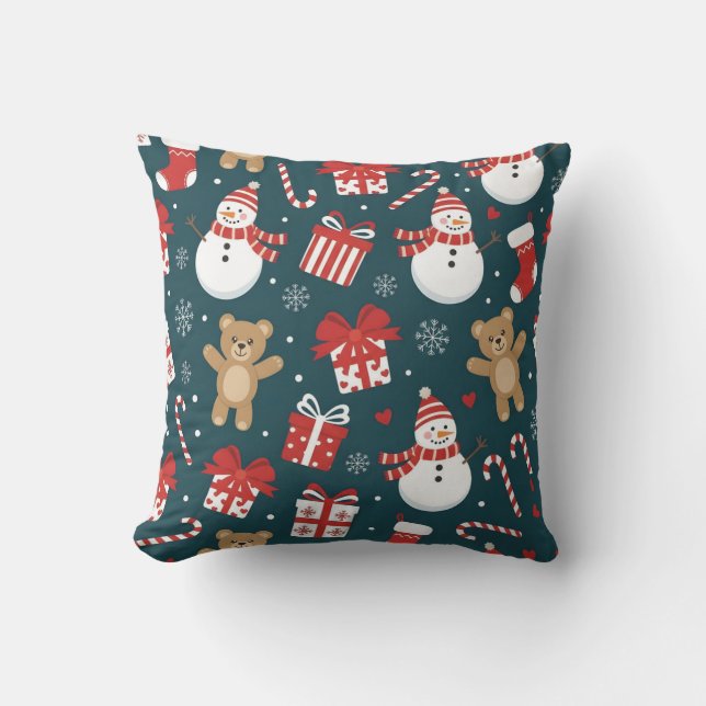 “Cute Christmas Snowman & Gifts Pattern Pillow” Throw Pillow (Front)