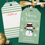 Cute Christmas Snowman Green Editable Name Gift Tags<br><div class="desc">Add a little whimsical charm to the holiday season with these fun personalized gift tags. A Merry Christmas design with snowflakes and stars, and a happy snowman wearing a hat, scarf and mittens. This editable template includes your name on the front, and a place for the recipient's name on the...</div>