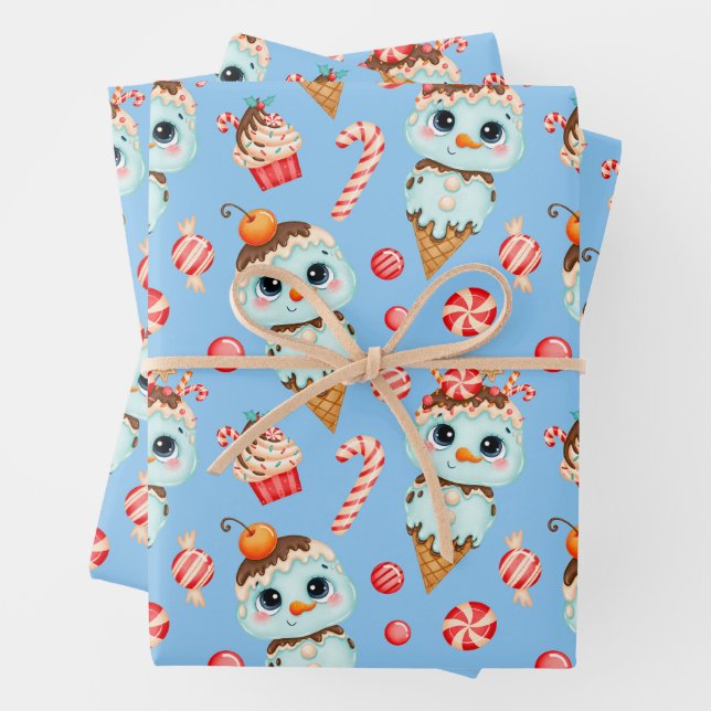 Cute Christmas Snowman Ice Cream and Candy Canes  Wrapping Paper Sheet (In situ)