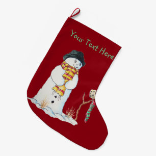 Cute christmas snowman in the snow patchwork large christmas stocking