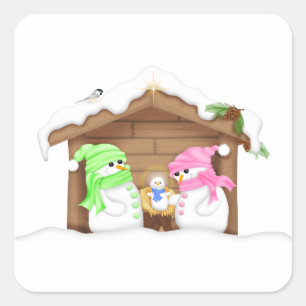 Cute Christmas Snowman Manger Square Sticker