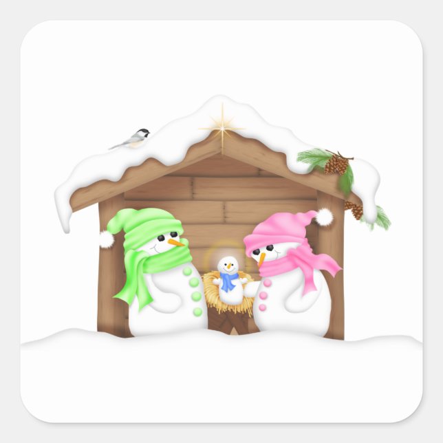 Cute Christmas Snowman Manger Square Sticker (Front)